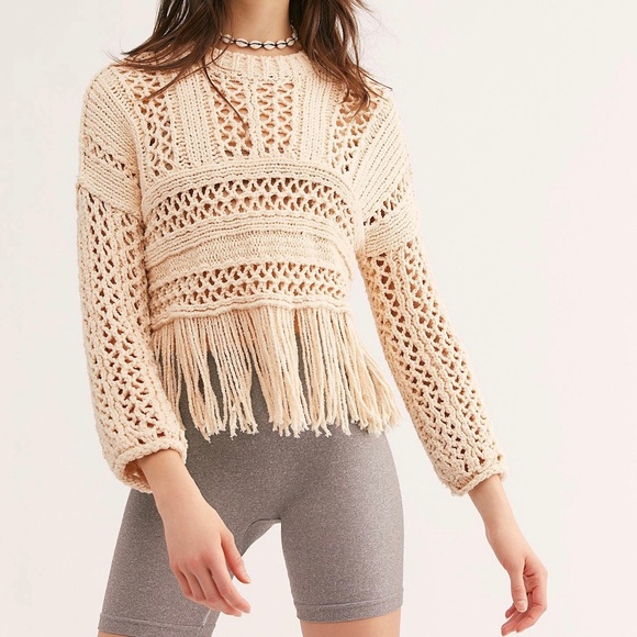Free people crochet crop fringe sweater cream - Picture 1 of 3